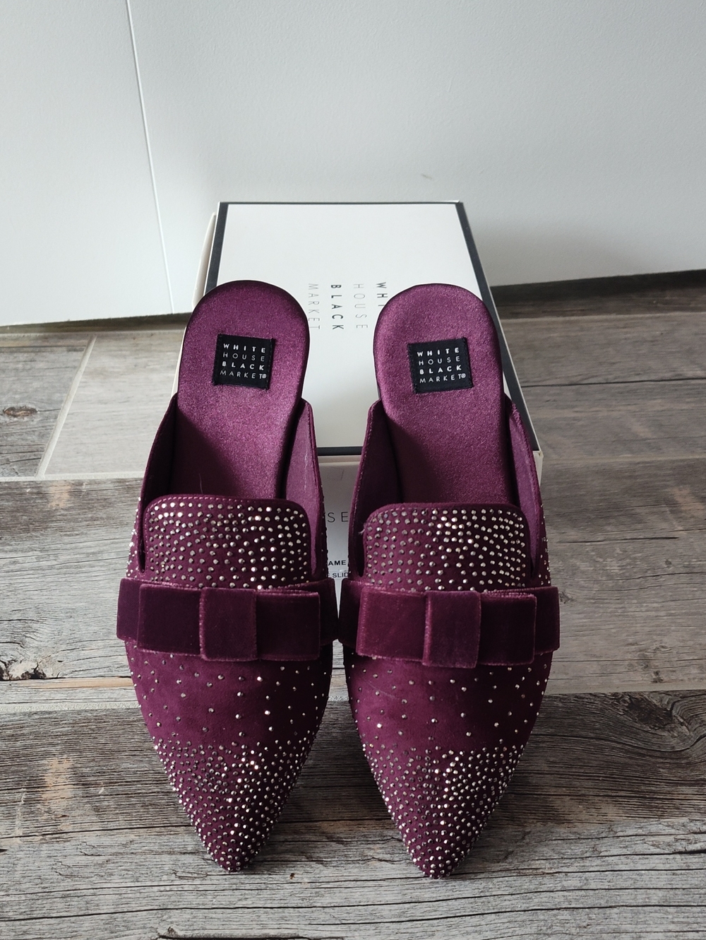 White House Black Market Burgundy Suede Pointed Slip-On Mules with Studs